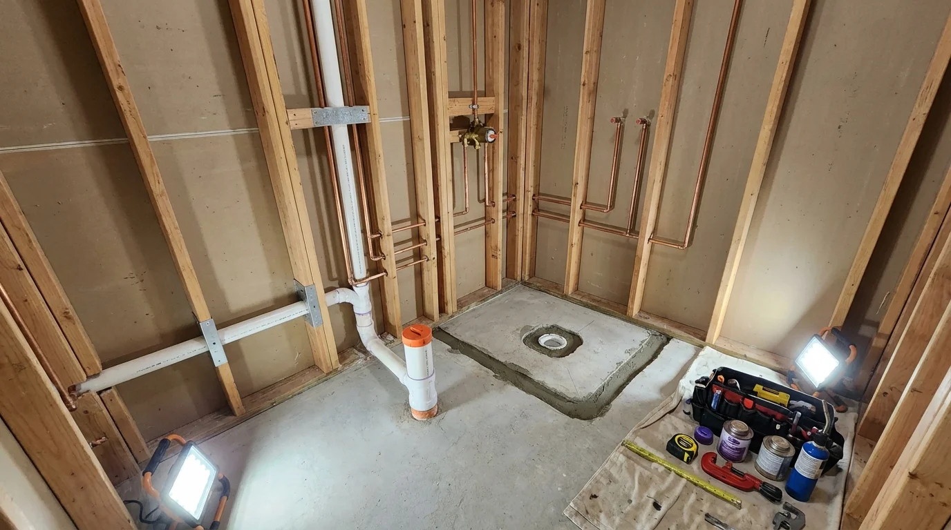 Bathroom rough-in plumbing during remodel by Johns Plumbing LLC in Enfield