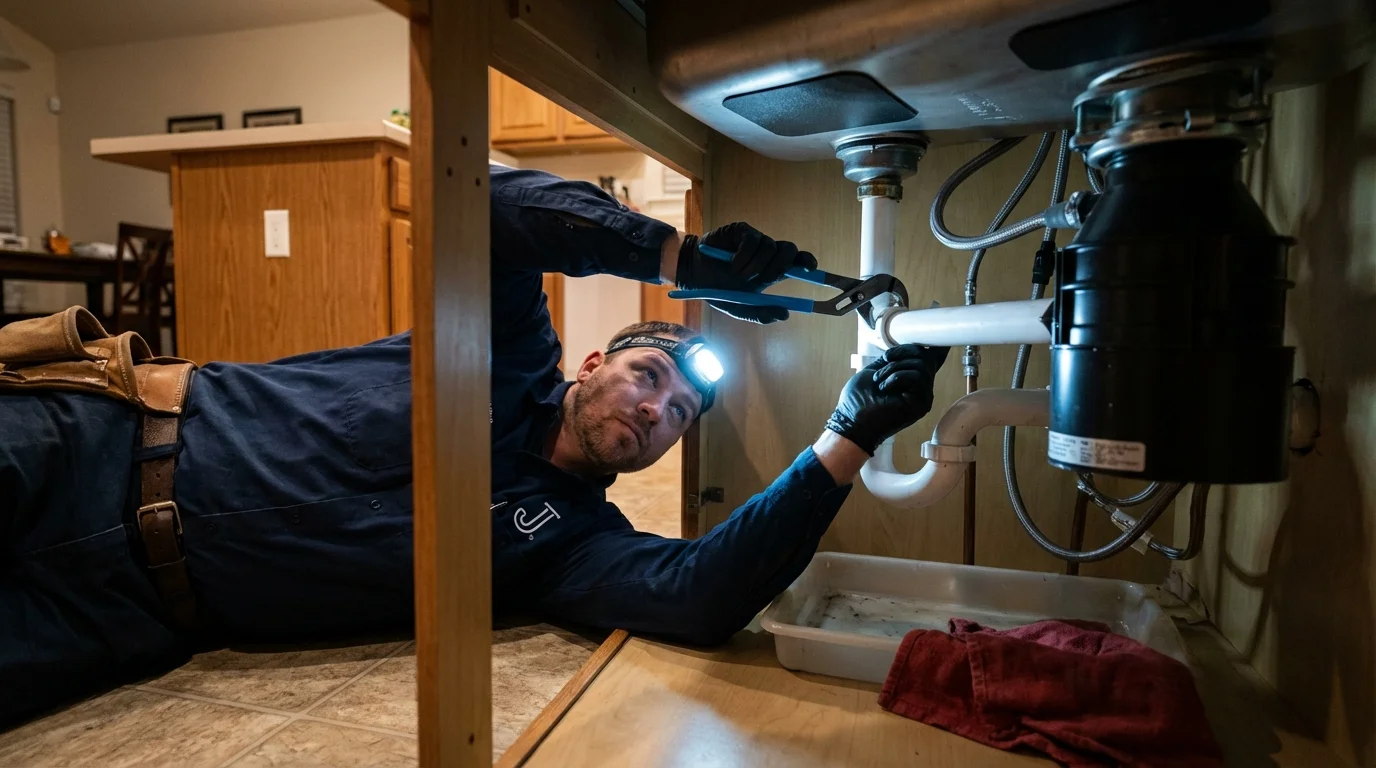 P-trap and supply line connections under a kitchen sink showing a common leak point in Enfield, CT